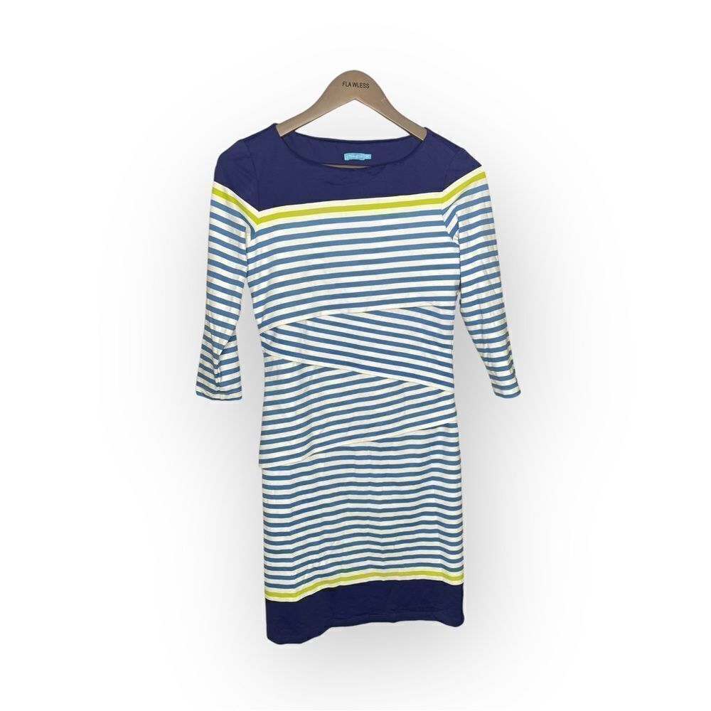 J. McLaughlin Blue White Green Striped Tiered Dress Size XS